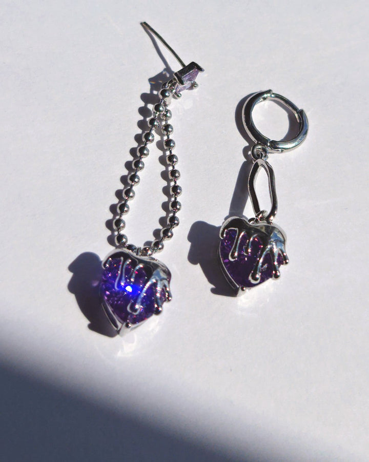 Mismatched Earrings Purple Hearts Gems Inspired by BTS Butter - Nikaneko