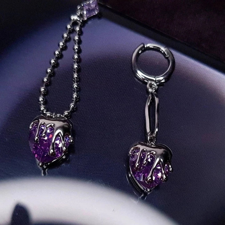 Mismatched Earrings Purple Hearts Gems Inspired by BTS Butter - Nikaneko